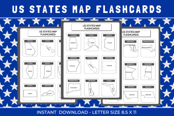 50 USA States Geography Map Flashcards Printable – United States Learning Cards with State Names, Capitals and Abbreviations, Homeschool Social Studies Study Aid for Kids