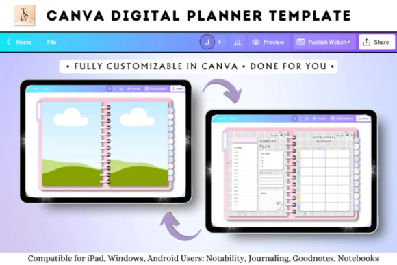Canva Digital Planner Template | Editable Planner Design Kit with Canva Access Link and Free 5-Page Sticker Book for Etsy, KDP & Website Products