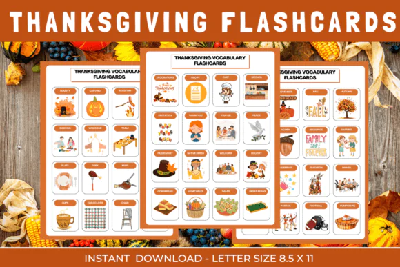 Thanksgiving Vocabulary Flashcards | 80 Printable Fall and Holiday Word Cards for Pre-K, Kindergarten, ESL, Classroom Activities & Thanksgiving Learning Centers