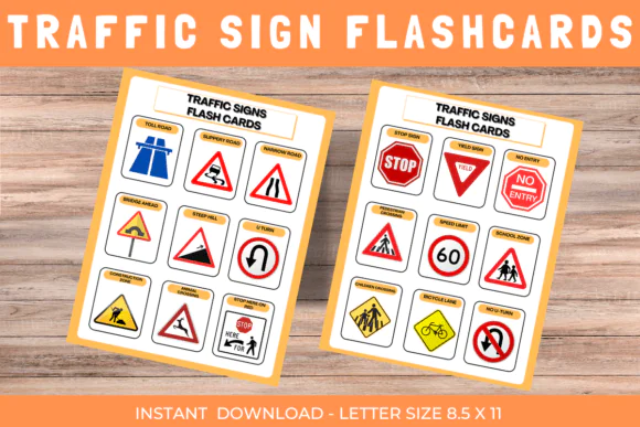 Essential Traffic Signs Flashcards Printable | Road Safety Learning Cards for Kids, Beginner Drivers, ESL, Special Education, Homeschool & Classroom Use