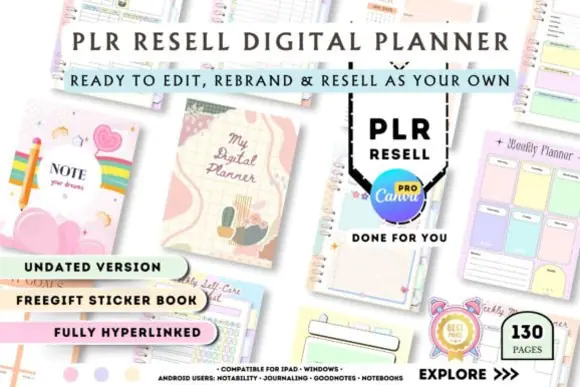 PLR Resell Canva Undated Digital Planner Template | Hyperlinked Editable Planner with Commercial Use Rights, Trackers, Lists, Notes & Sticker Book