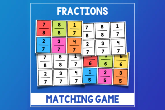 Fractions Matching Game Flashcards | Printable Fraction Learning Cards for Kids, Homeschool, Classroom Warm-Ups, Morning Work, Short Assessments & Math Matching Activities