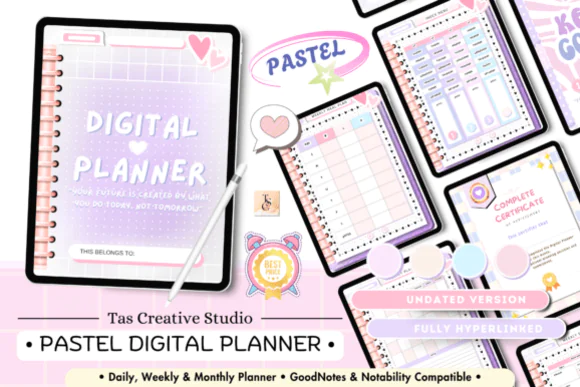 Portrait Purple Pastel Digital Planner for GoodNotes, Notability & XODO | Undated Hyperlinked Vertical PDF Planner with Daily, Weekly, Finance, Health & Productivity Pages