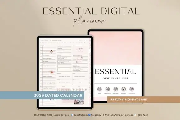 Essential Digital Planner for GoodNotes | 563-Page Hyperlinked Portrait PDF Planner with Daily, Weekly, Monthly, Wellness, Finance, Notes & Productivity Pages
