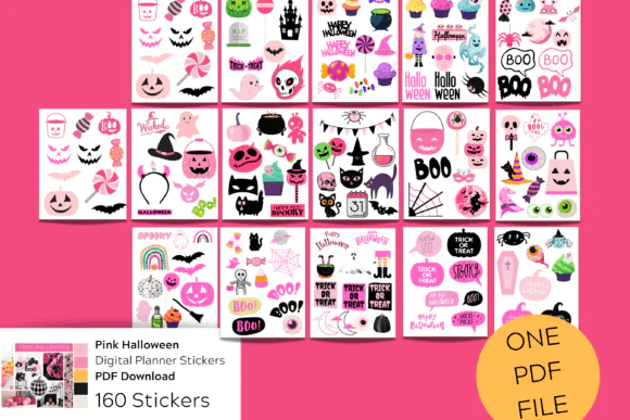 Pink Halloween Digital Planner Stickers PDF Bundle | 160 Cute October Stickers for GoodNotes, Notability, Digital Scrapbooking, Handmade Cards & Funky Pumpkin Planner Decor