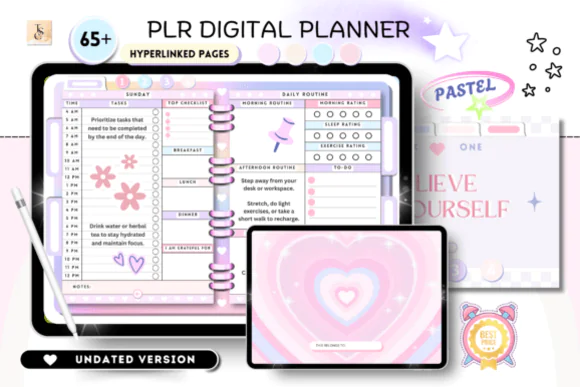 PLR Resell Canva Undated Digital Planner | Hyperlinked 66-Page Editable Planner Template with Productivity, Health, Finance Pages & Commercial Use Rights