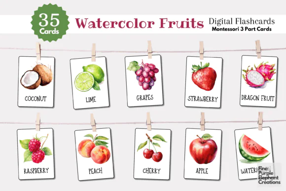Watercolor Fruit Montessori Flashcards Printable – Montessori 3 Part Nomenclature Cards for Toddlers, Preschool Fruit Vocabulary Learning Set, Homeschool and Classroom Educational Resource