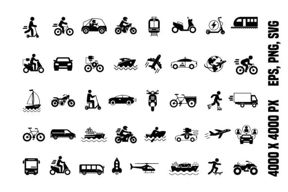 Black Set of Transport Icons Vector Pack – Transportation and Vehicle Design Elements for Websites, Mobile Apps, Presentations, Infographics, Print Design and Travel Projects