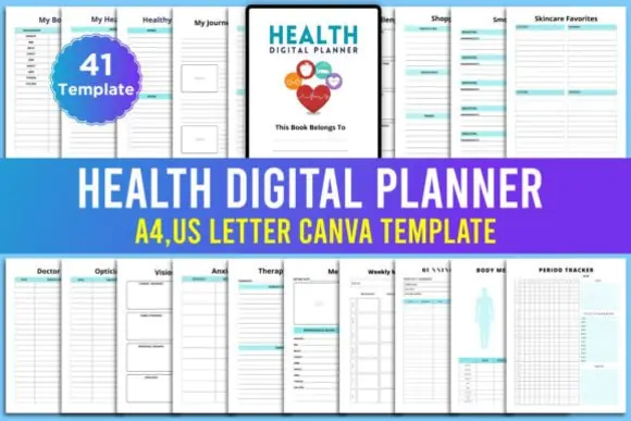 Editable Health Digital Planner Canva Template | 41 Wellness, Fitness, Nutrition, Self-Care, Anxiety & Medical Tracking Pages with PDF, JPG, PNG & Canva Link
