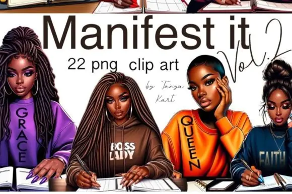 Black Woman Clipart for Digital Planner PNG Bundle | 22 Hand-Drawn Transparent Graphic Elements for Manifest Journals, Planner Stickers, Invitations, Scrapbooking & Printable Art