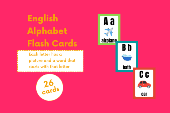 English Alphabet Flash Cards for Kids Printable – ABC Letter Learning Cards with Pictures and Words, Preschool and Kindergarten Phonics Flashcards for Homeschool and Classroom Use