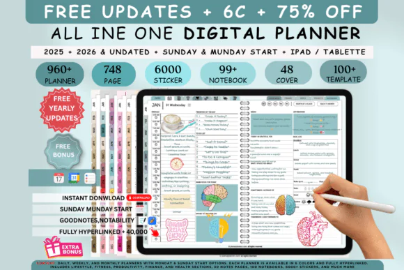 Digital Planner 2025 2026 2027 & Undated for GoodNotes, Notability, Samsung Notes & Xodo | Hyperlinked All-in-One Planner with 6 Color Themes, Apple & Google Calendar Sync, 6000+ Layouts, Stickers & C