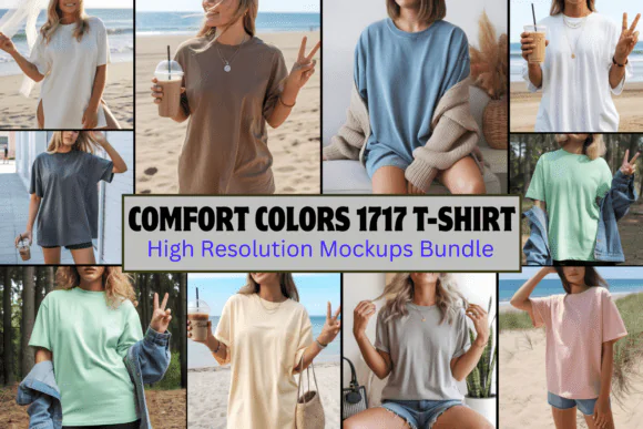 Comfort Colors 1717 T-Shirt Mockup Bundle – 17 High-Resolution Lifestyle Shirt Mockups | White, Ivory, Blossom, Granite & Island Reef Colors | Real Model Beach Aesthetic POD Mockups for Etsy, Shopify