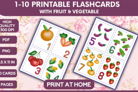 1–10 Printable Flashcards with Fruits and Vegetables | Number Learning Cards for Kids, Preschool, Kindergarten, Homeschool, Classroom Math & Early Counting Activities