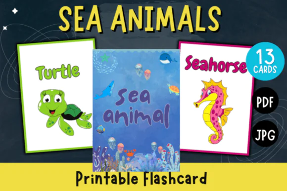 Sea Animals Printable Flashcards for Kids – Marine Life Learning Cards, Preschool and Kindergarten Ocean Animal Vocabulary Activity Set, Homeschool Classroom Educational Printables