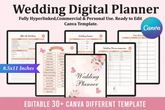 Digital Wedding Planner for iPad Canva Template | Editable Hyperlinked Wedding Organizer with Guest List, Budget Planner, Checklist, Honeymoon & Notes Pages