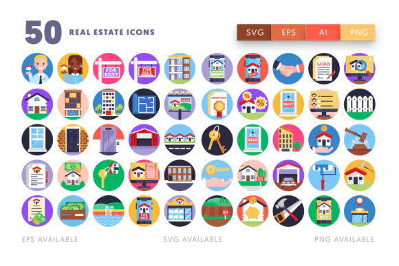 50 Real Estate Icons Vector Pack – House, Rental and Property Symbol Set for Websites, Mobile Apps, Presentations, Print Design, Real Estate Branding and Marketing Materials