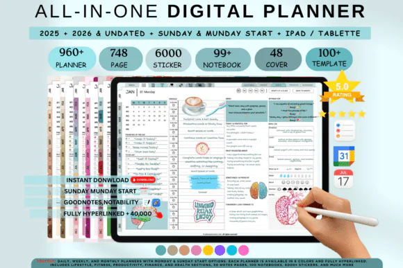 Digital Planner 2025, 2026, 2027 & Undated for GoodNotes, Notability & Xodo | Hyperlinked All-in-One PDF Planner with Apple & Google Calendar Sync, Stickers, Covers & Multi-Year Layouts