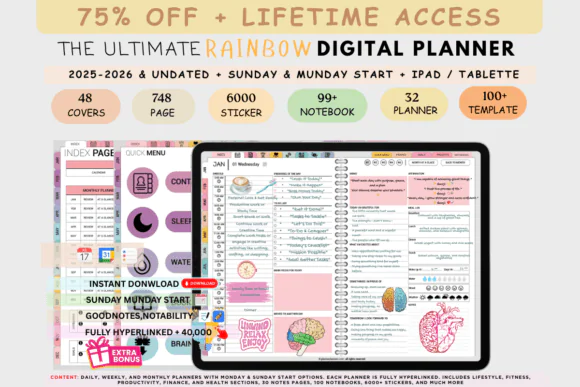 All-in-One Digital Planner 2025 2026 2027 & Undated for GoodNotes, Notability, Samsung Notes & Xodo | Rainbow Hyperlinked Planner with 6000+ Layouts, Stickers, Covers, Finance, Wellness & Productivity