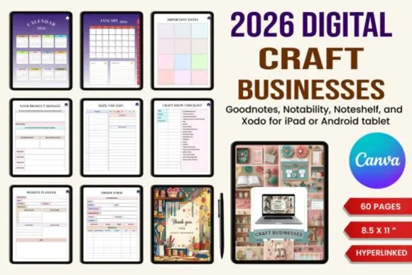 2026 Digital Planner for Craft Businesses Canva Template | Editable Business Planner for Etsy Sellers, Handmade Shops, Product Pricing, Inventory, Sales & Marketing