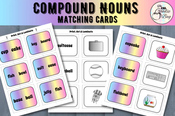 Compound Nouns Matching Flashcards | Printable ESL Grammar and Vocabulary Matching Cards for Kids, EFL, ELL, SPED, Classroom, Homeschool & Language Learning Activities
