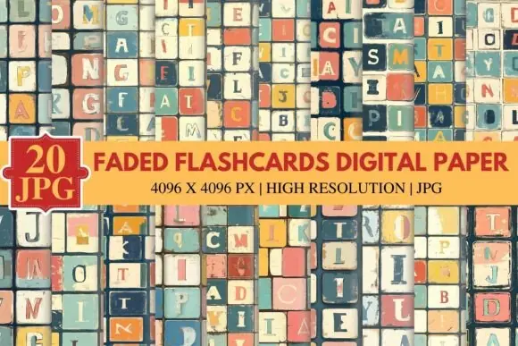Faded Flashcards Digital Paper Pack – Vintage Style Printable Backgrounds for Scrapbooking, Card Making, Journals, Packaging, Website Design and Creative Craft Projects