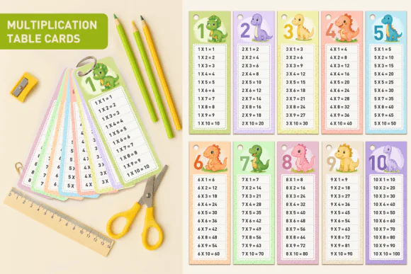 Multiplication Table Math Flashcards Printable PNG | Dino Times Tables Cards for Kids, Homeschool Math Activity, Classroom Learning Resource Ages 5–9
