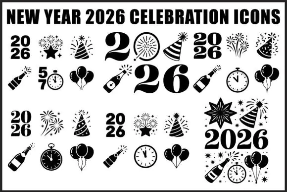 New Year 2026 Celebration Icons Bundle – Festive Countdown, Fireworks and Party Clipart Set for Invitations, Cricut Crafts, Sublimation, Social Media, Planners and Print Design