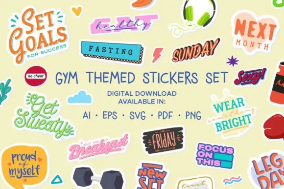 Gym Themed Digital Planner Stickers Set AI EPS PDF PNG SVG | 111 Editable Fitness Planner Stickers for GoodNotes, Workout Journals, Printable Planners & Digital Planning