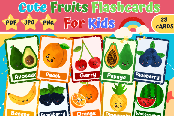 Cute Watercolor Fruits Flashcards | Printable Fruit Vocabulary Cards for Kids, Preschool, Kindergarten, Homeschool, Classroom Learning & Healthy Eating Activities