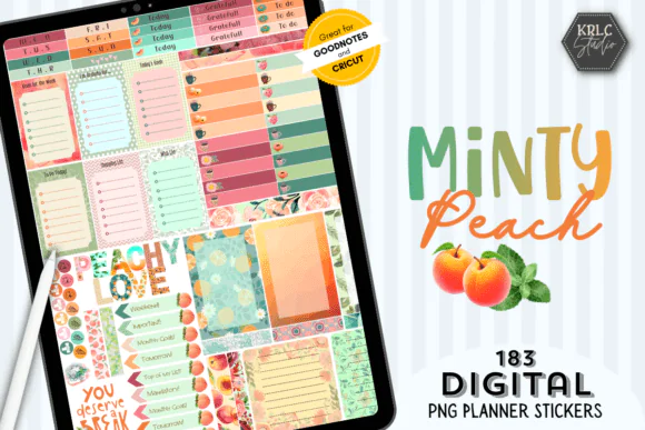 Minty Peach Digital Planner Stickers PNG Bundle | 183 Transparent Summer Planner Stickers for GoodNotes, Digital Journals, Diaries & Cricut Print and Cut