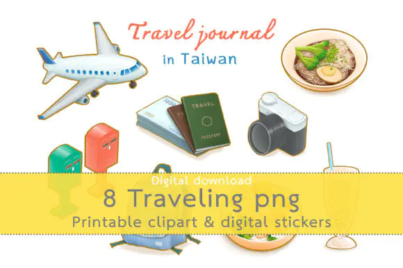 Taiwan Travel Journal Digital Stickers Bundle – 8 Cute Kawaii Taiwan Travel PNG and GoodNotes Sticker Icons with Bubble Tea, Camera, Airplane, Passport, Backpack, Noodles, Railway Lunch Box, and Post