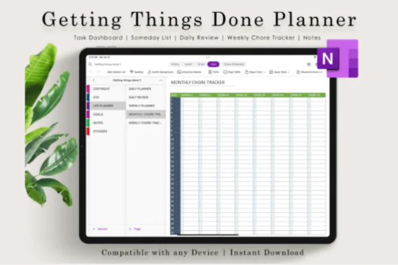 OneNote Digital Planner Template | Getting Things Done Productivity Planner for Windows & Mac with Task Dashboard, Inbox, Next Actions, Chore Trackers & OneNote Stickers