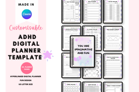 Canva ADHD Digital Planner Template, Editable ADHD Life Planner, Daily Weekly Monthly Organizer, Mood Tracker, Habit Tracker, Mental Health Planner