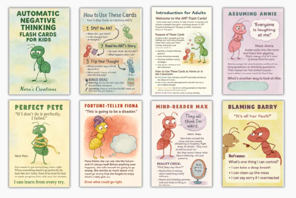 Automatic Negative Thinking Flashcards for Kids Printable PDF PNG | CBT Mindfulness Cards for Emotional Regulation, Counseling, Homeschool & Classroom Support