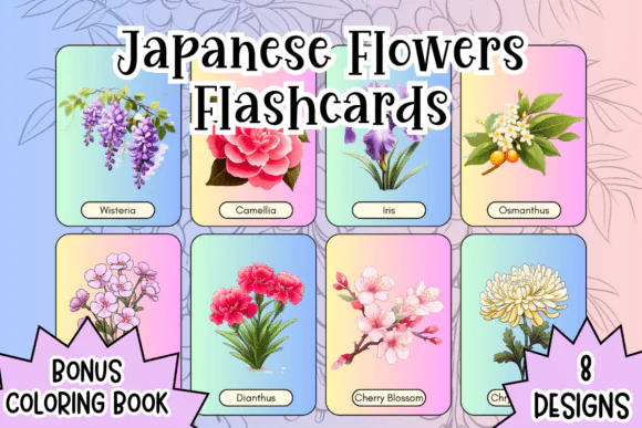 Japanese Flowers Flashcards Printable – Botanical Learning Cards with Symbolism, Floral Educational Printables for Kids and Adults, PDF and PNG Nature Study Set with Bonus Coloring Book