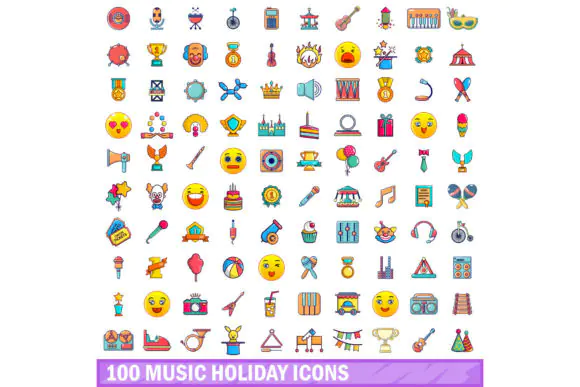 100 Music Holiday Icons Set Vector Pack – Cartoon Festival, Celebration and Music-Themed Icon Collection for Websites, Mobile Apps, Print Design, Presentations and Creative Projects
