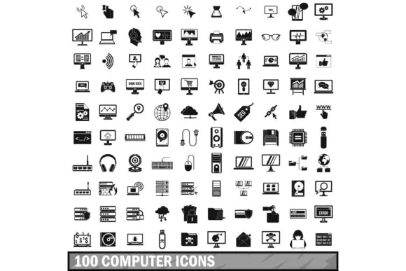 100 Computer Icons Set in Simple Style – Clean Technology Vector Icon Pack for Websites, Mobile Apps, UI Design, Presentations, Print Materials and Digital Projects