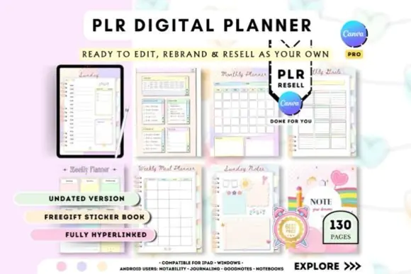 PLR Resell Canva Undated Digital Planner Template | 130-Page Hyperlinked Rebrandable Planner with Sticker Book, Finance, Health & Productivity Pages for Digital Product Sales