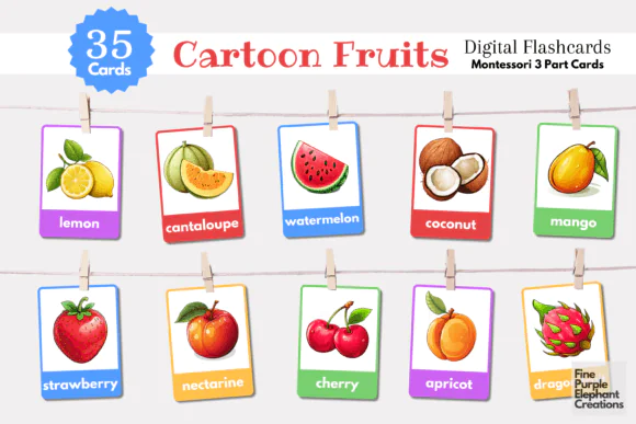 Fruit Montessori Flashcards Vocabulary Printable – Montessori 3 Part Nomenclature Cards for Toddlers and Preschoolers, Fruit Vocabulary Learning Set for Homeschool and Classroom Use