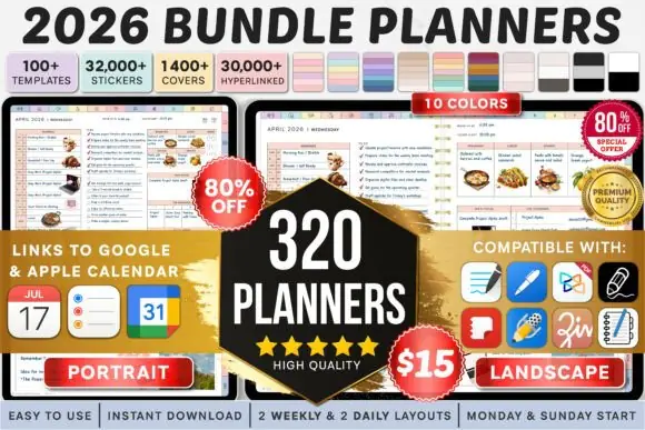 All-in-One Digital Planner for Goodnotes 2026, Ultimate Hyperlinked Portrait and Landscape Planner Bundle, Daily Weekly Monthly PDF Planner, Stickers, Covers, Icons, Productivity Templates