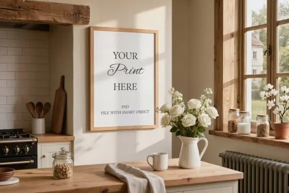 Farmhouse Kitchen Vertical Frame Mockup Bundle | Rustic Wood Frame PSD & JPG | Kitchen Wall Art Display Mockup | Cozy Interior Scene | Smart Object Frame Mockup for Etsy, Printables & Home Decor