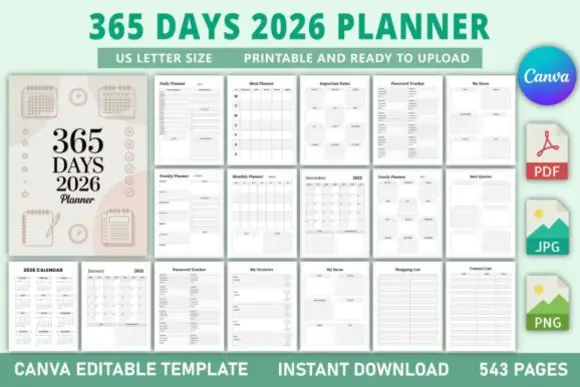 365 Days 2026 Planner KDP Interior | Editable Canva 543-Page Daily Weekly Monthly Meal & Yearly Printable Planner Bundle