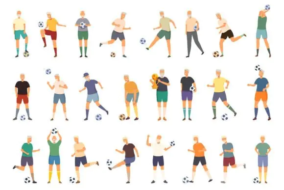 Elderly People Play Soccer Icons Set Cartoon Vector – Senior Football and Active Aging Icon Pack for Websites, Mobile Apps, Presentations, Health Campaigns and Sports Design