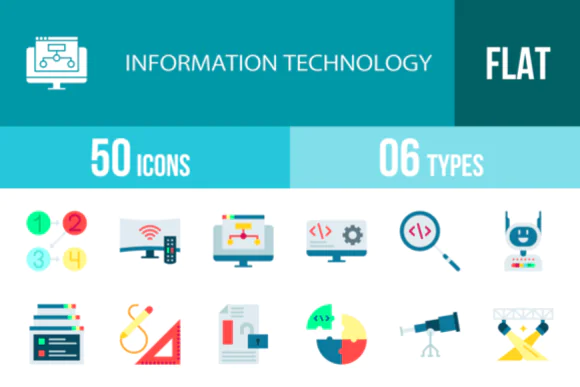 45 Information Technology Flat Icons Vector Pack – Multicolor IT, Programming, Software and Digital Commerce Icon Set for Websites, Mobile Apps, Presentations, Dashboards and Print Design