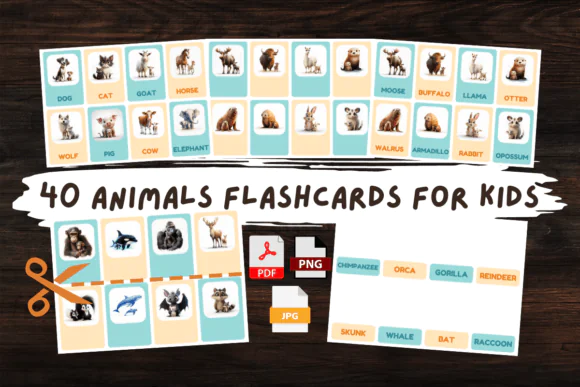 40 Animals Flashcards for Kids | Printable Animal Learning Cards for Toddlers, Preschool, Kindergarten, Homeschool, Vocabulary & Early Education Activities