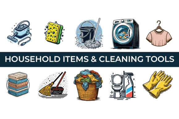 50 Everyday Chores & Items Vector Icons | Hand-Drawn EPS SVG AI PNG Icon Set for Planners, Journals.