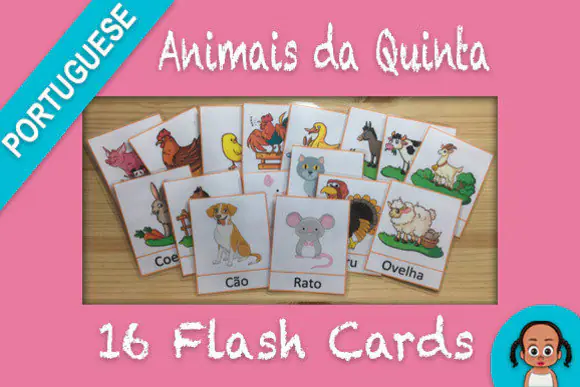 Farm Animals in Portuguese Flash Cards | Printable Portuguese Farm Animal Vocabulary Cards for Kids, Homeschool, Classroom, Language Learning & Early Word Practice