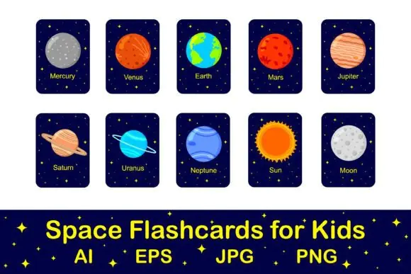 Space Flashcards for Kids Printable – Solar System Learning Cards with Planets, Sun and Moon, Preschool and Kindergarten Space Science Educational Worksheets for Classroom and Homeschool