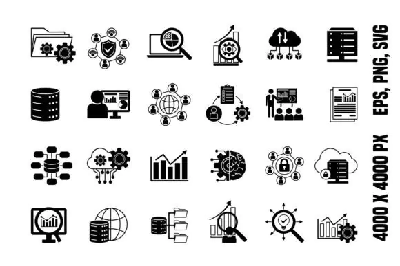 Black Set of Data Analytics Icons Vector Pack – Business Intelligence, Charts and Dashboard Design Elements for Websites, Apps, Presentations, Reports and Infographics